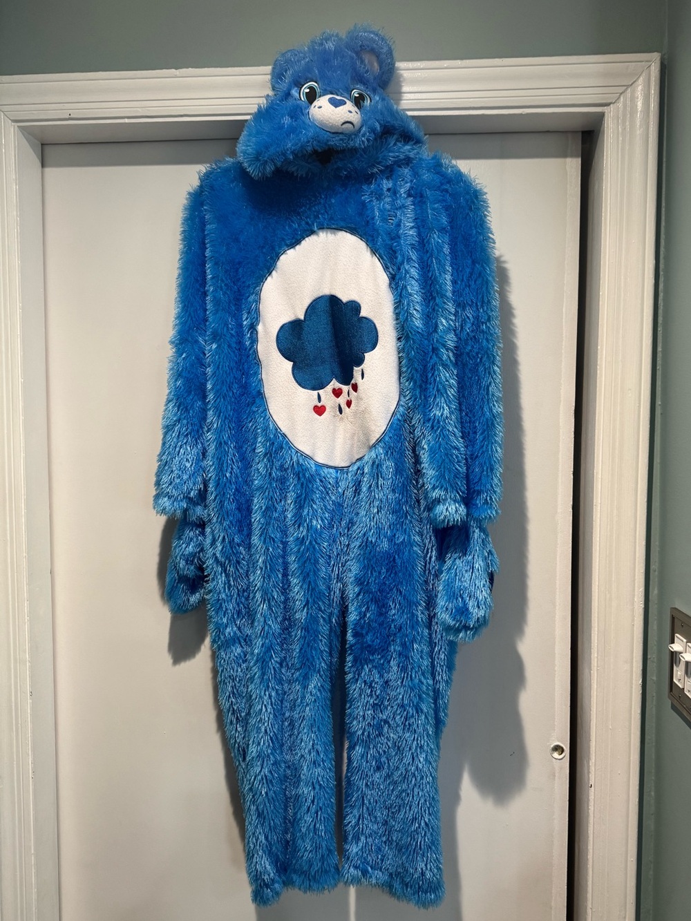 Care Bears Rain Cloud Romper Fluffy Fur Pajamas One-Piece Ears Hood Size medium